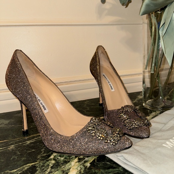 Manolo Blahnik Hangisi Glitter Pumps - Dark Gold Glitter Jewel Buckle Pump - Picture 8 of 10